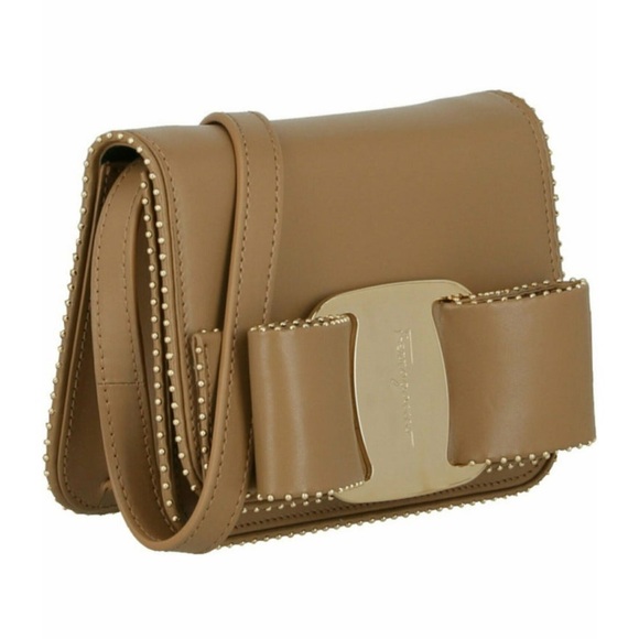 Salvatore Ferragamo Vara Bow Small Leather Crossbody Bag Camel w Gold Accent New - Picture 3 of 16